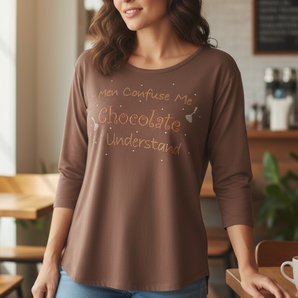 Cactus Bay Womens LOVE CHOCOLATE Bling Brown Top Shirt XL New